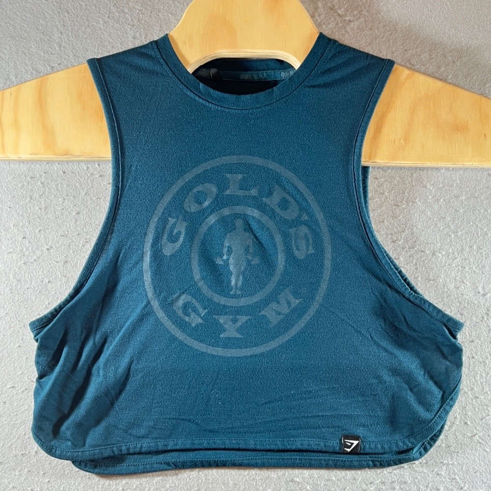 853 | Gymshark Gold's Gym Logo Graphic Cropped Tank Top Teal Blue Womens S